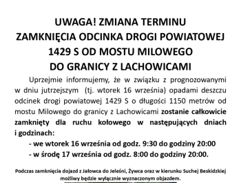 Zmiana terminu zamknięcia odcinka drogi powiatowej 1429 S od mostu Milowego do granicy z Lachowicami - zdjęcie1